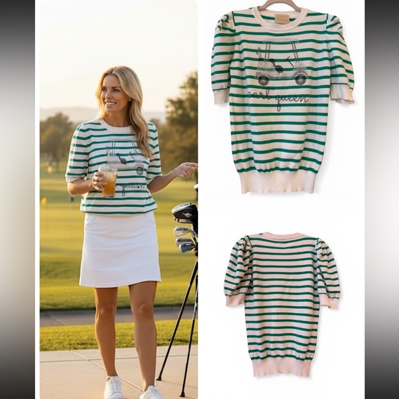 Judith March Sweaters - Judith March Cart Queen Golf Sweater Green White Striped Puff Sleeve Small